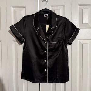 Black Satin Button-Up Pajama Top